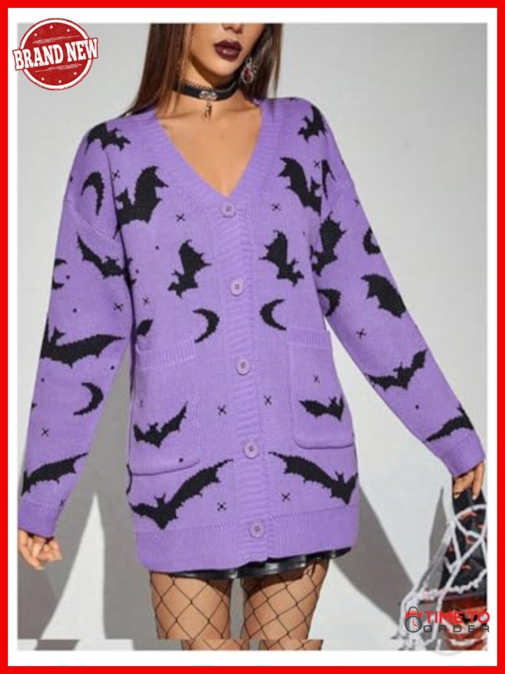 Gothic Graphic V-Neck Button Cardigan Sweater, Long Sleeve Knit Outerwear - Picture 2 of 4